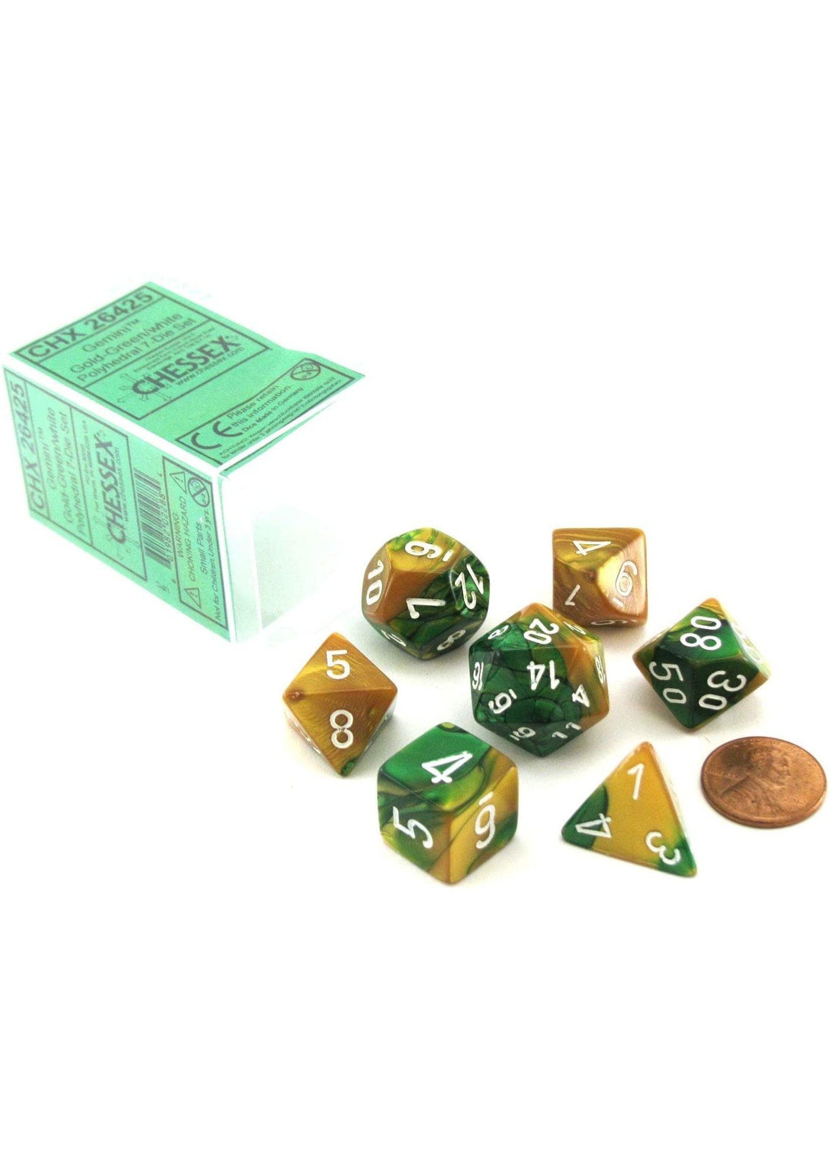 Chessex Gemini Poly 7 set: Gold & Green w/ White