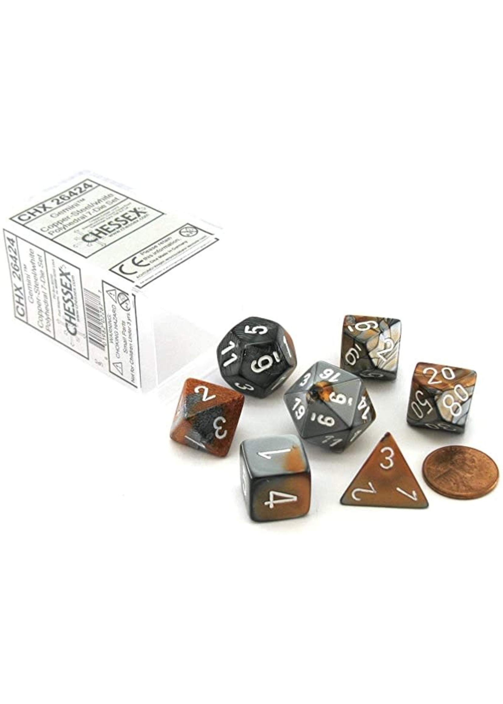 Chessex Gemini Poly 7 set: Copper & Steel w/ White