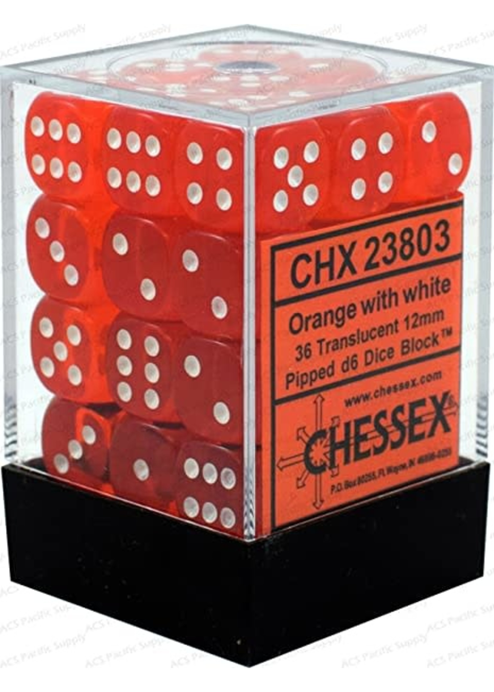Chessex d6 Cube 12mm Translucent Orange w/ White (36)