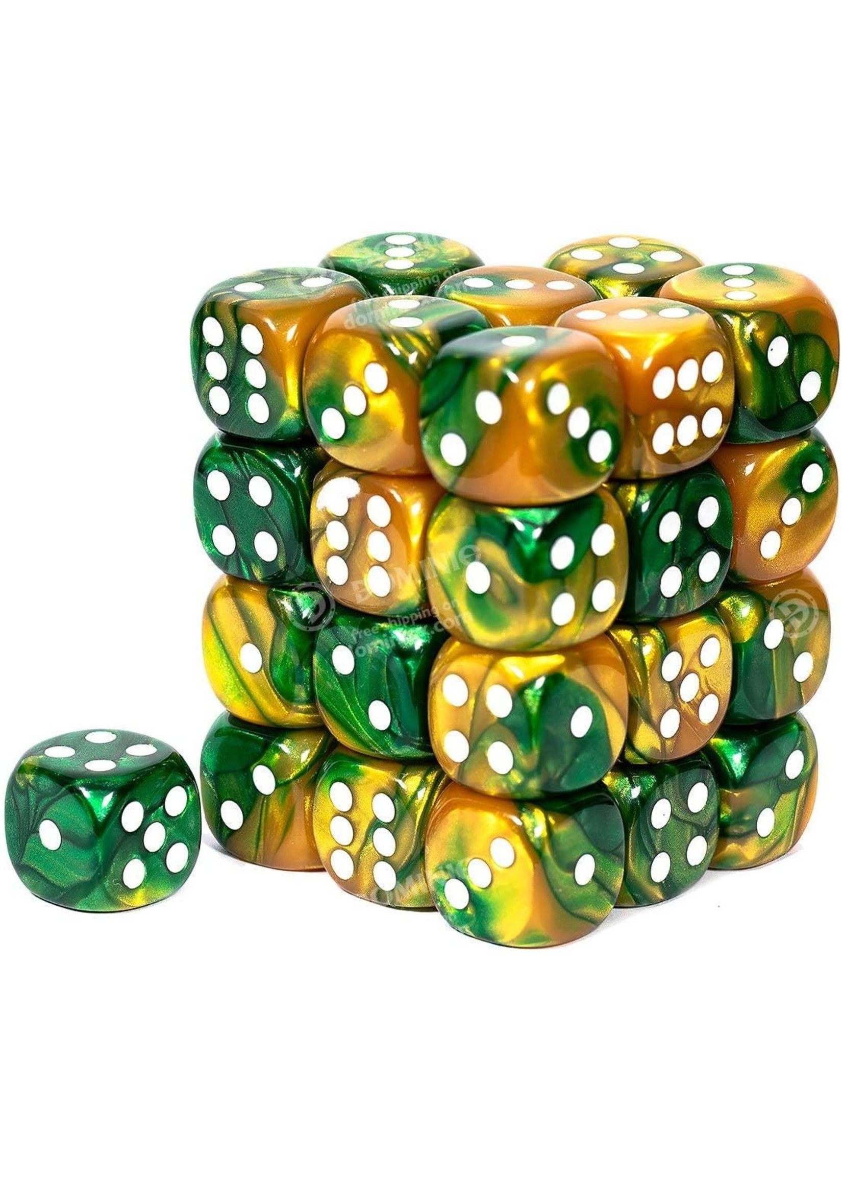 Chessex d6 Cube 12mm Gemini Gold & Green w/ White (36)