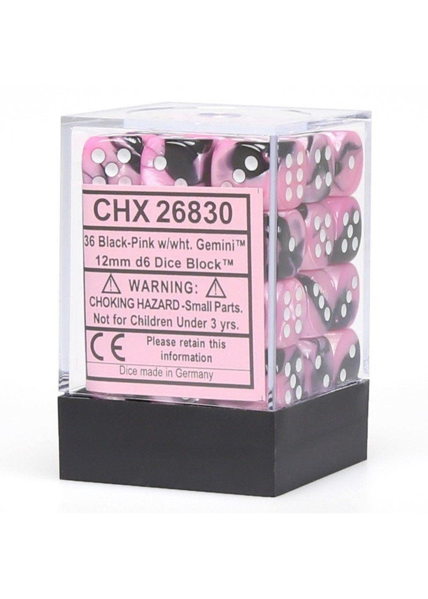 Chessex d6 Cube 12mm Gemini Black & Pink w/ White (36)
