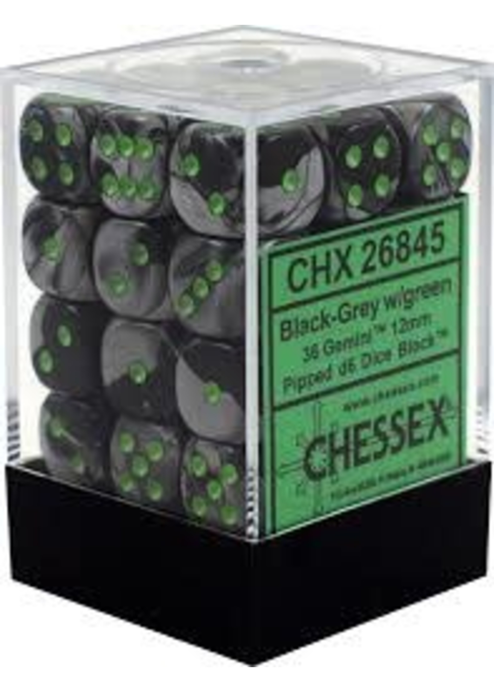 Chessex d6 Cube 12mm Gemini Black & Grey w/ Green (36)