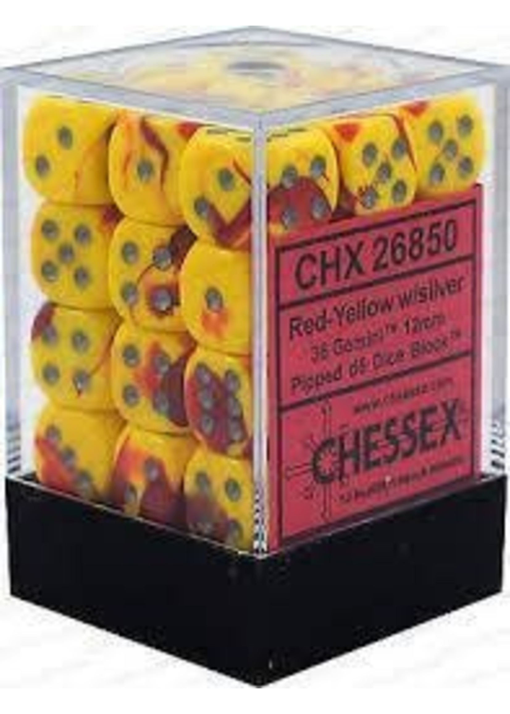 Chessex d6 Cube 12mm Gemini Red & Yellow w/ Silver (36)