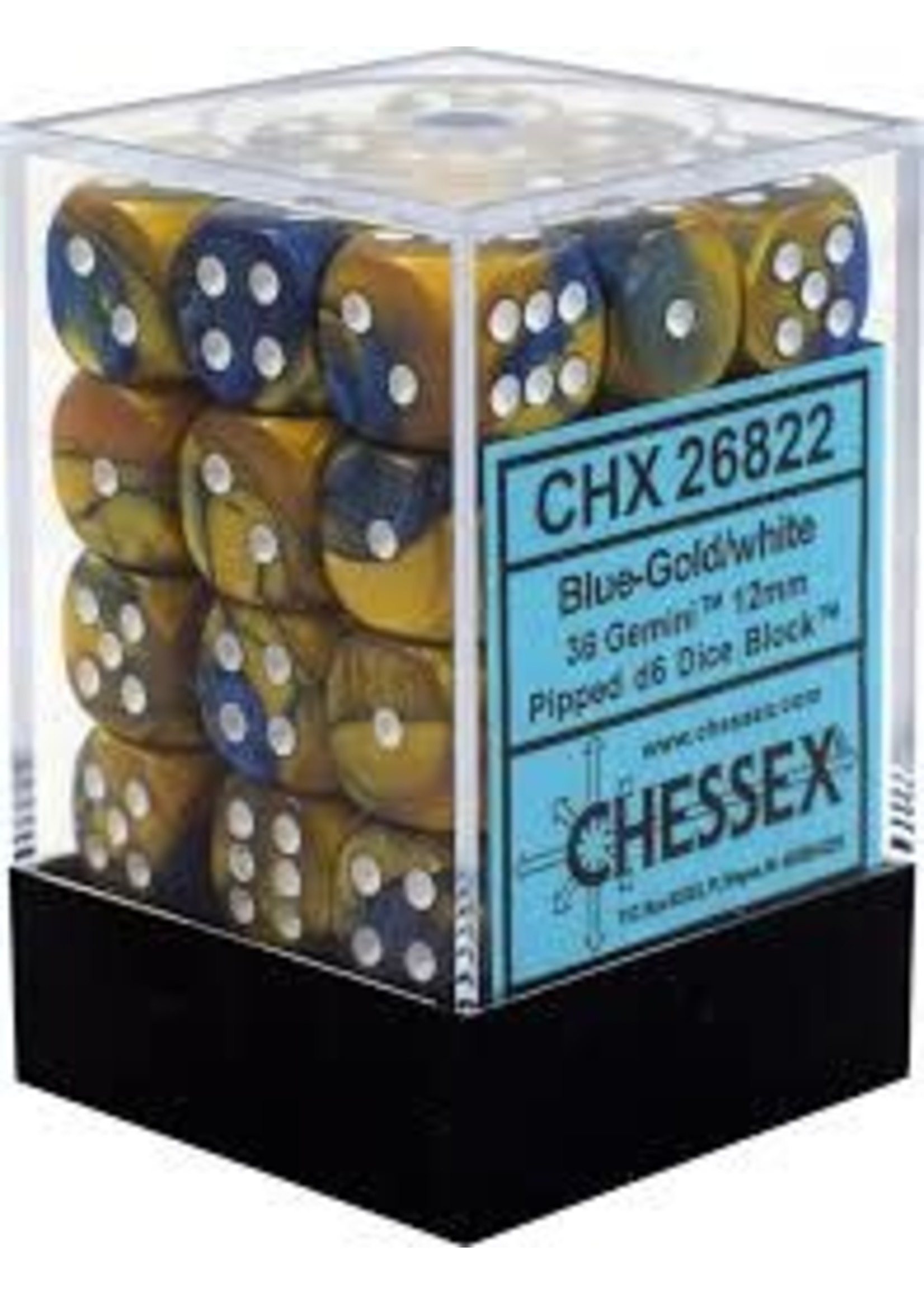 Chessex d6 Cube 12mm Gemini Blue & Gold w/ White (36)