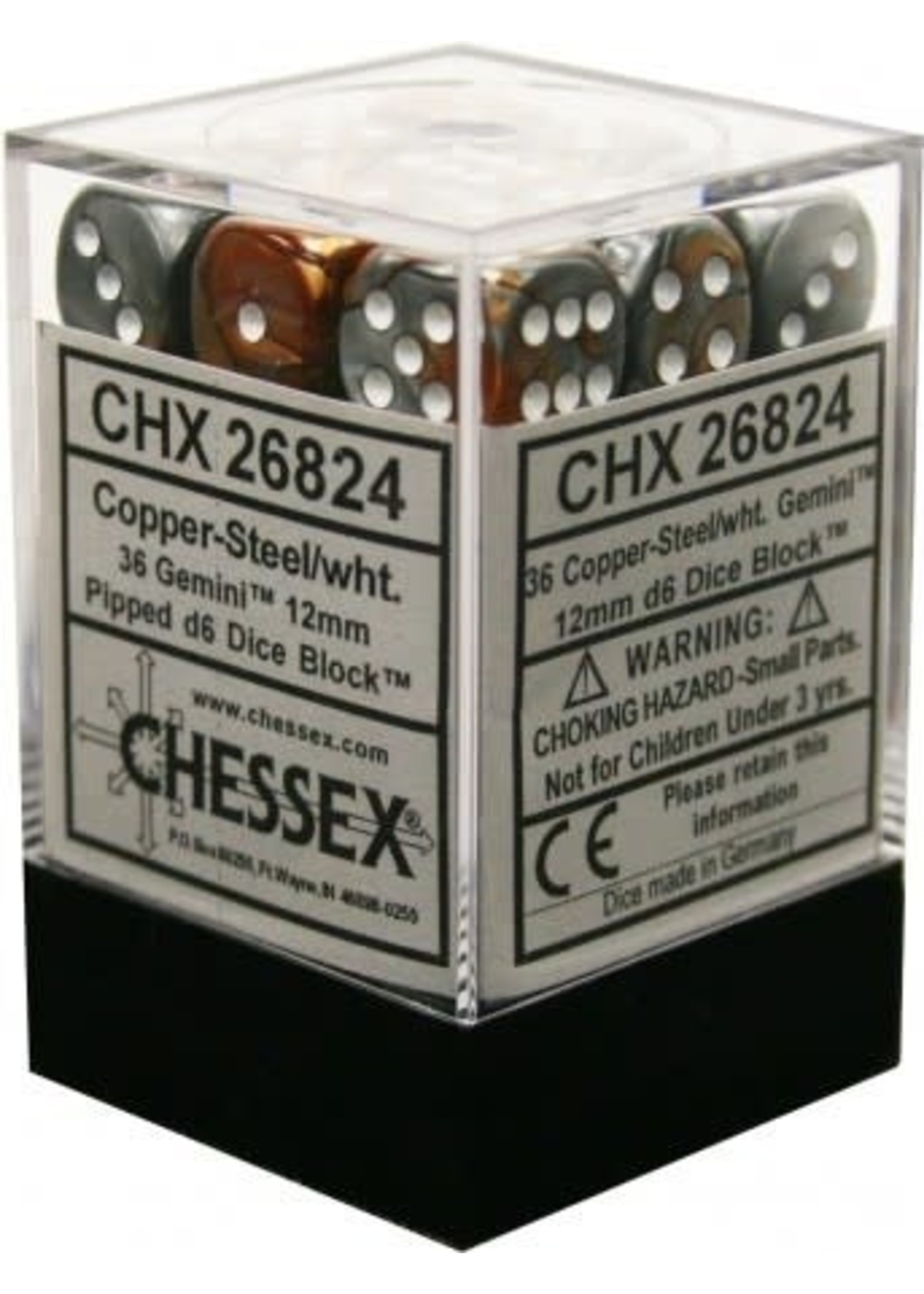 Chessex d6 Cube 12mm Gemini Copper & Steel w/ White (36)