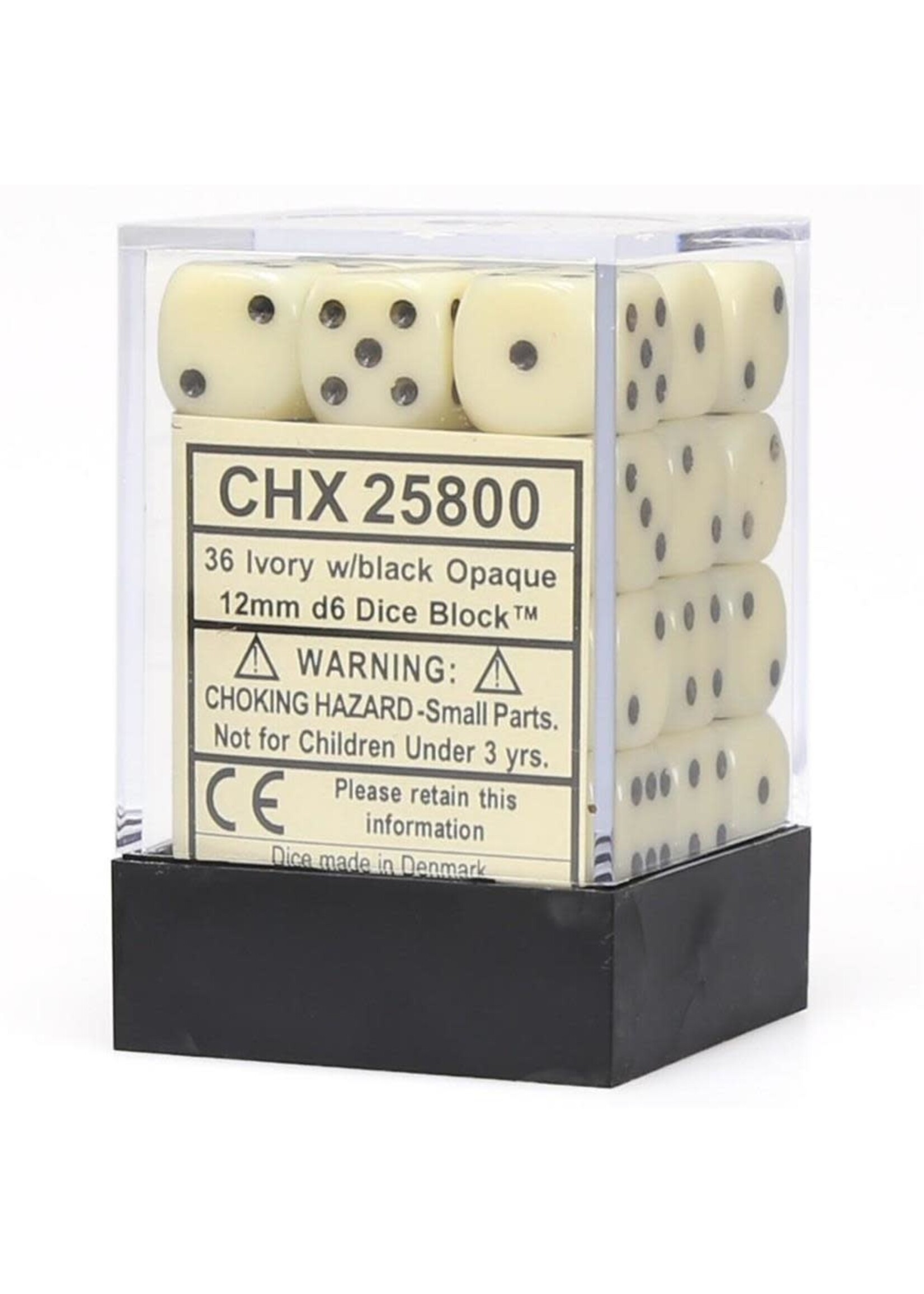 Chessex d6 Cube 12mm Opaque Ivory w/ Black (36)