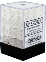 Chessex d6 Cube 12mm Translucent Clear w/ White (36)