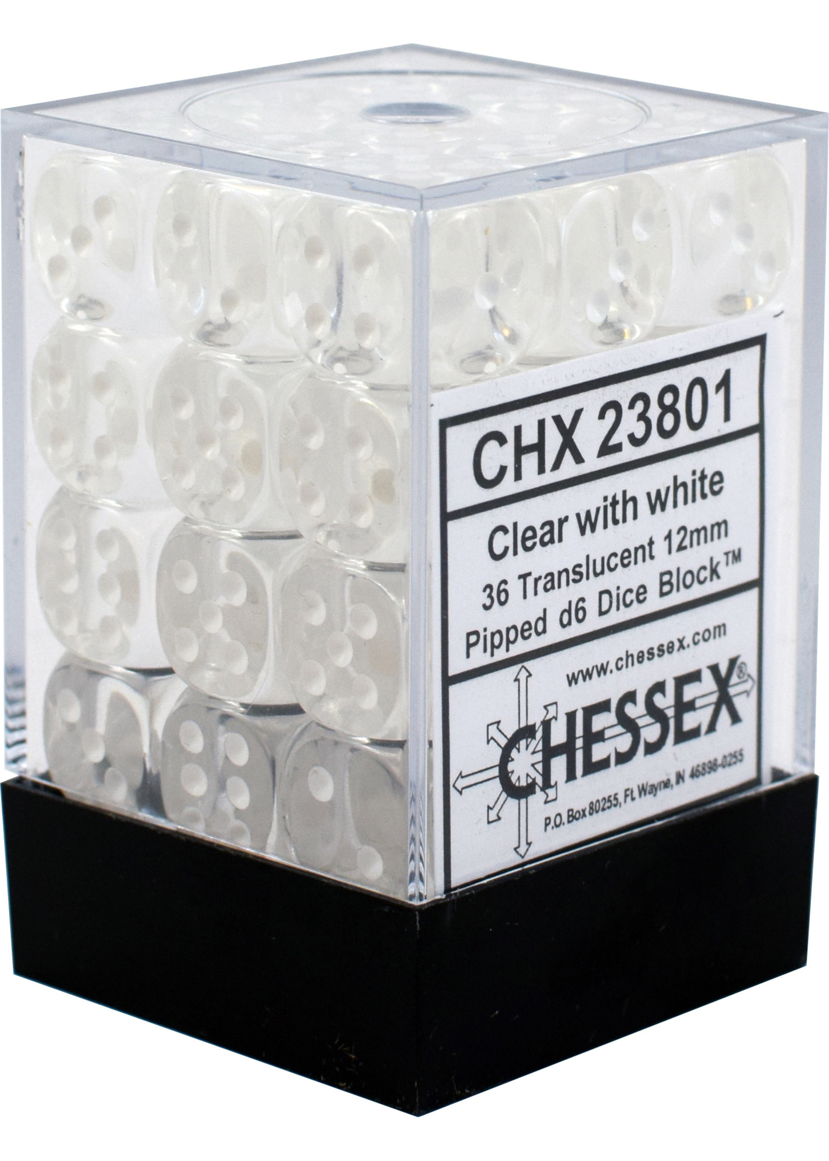 Chessex d6 Cube 12mm Translucent Clear w/ White (36)