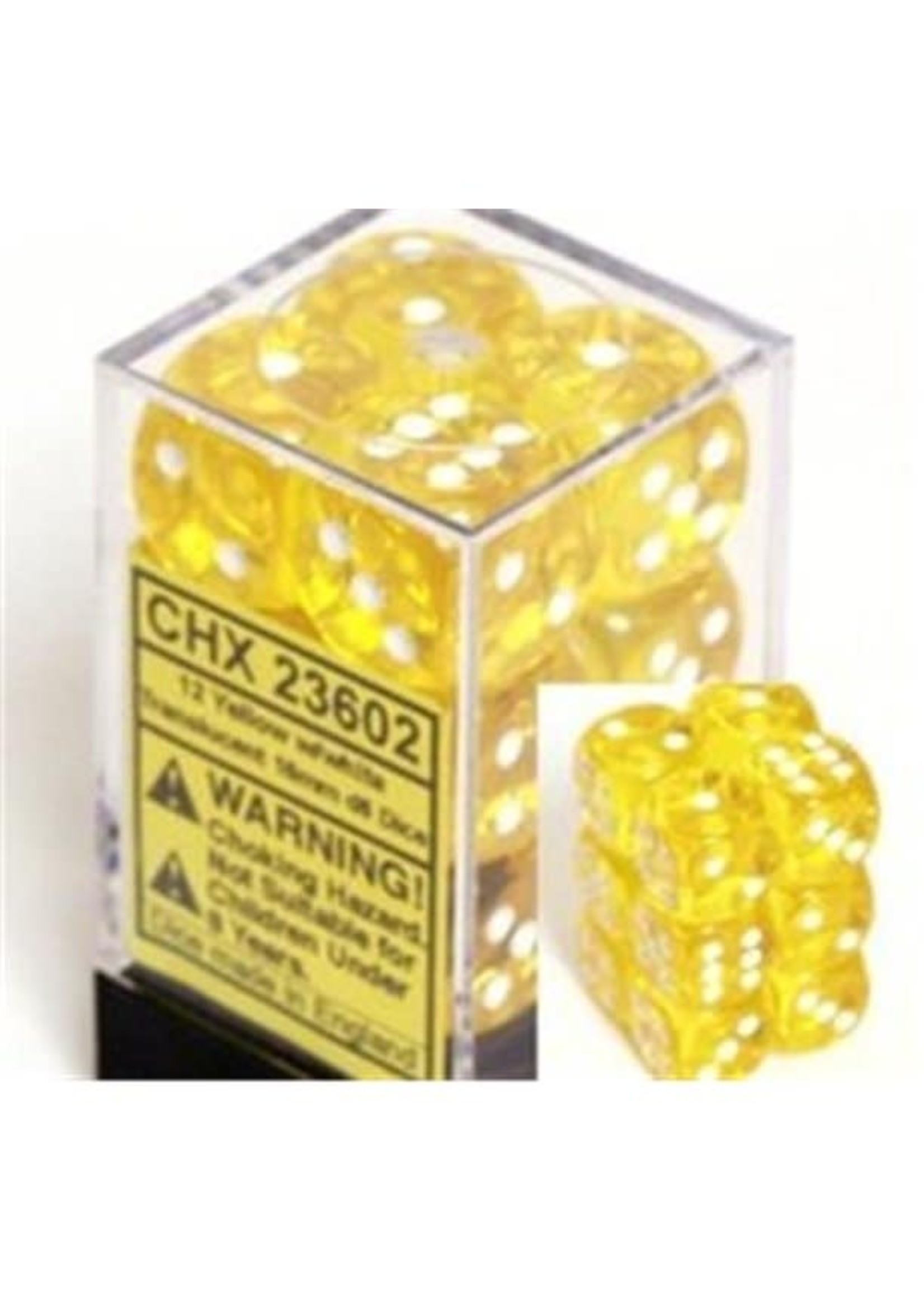 Chessex d6 Cube 12mm Translucent Yellow w/ White (36)