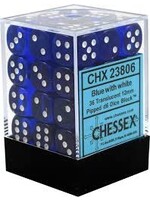 Chessex d6 Cube 12mm Translucent Blue w/ White (36)