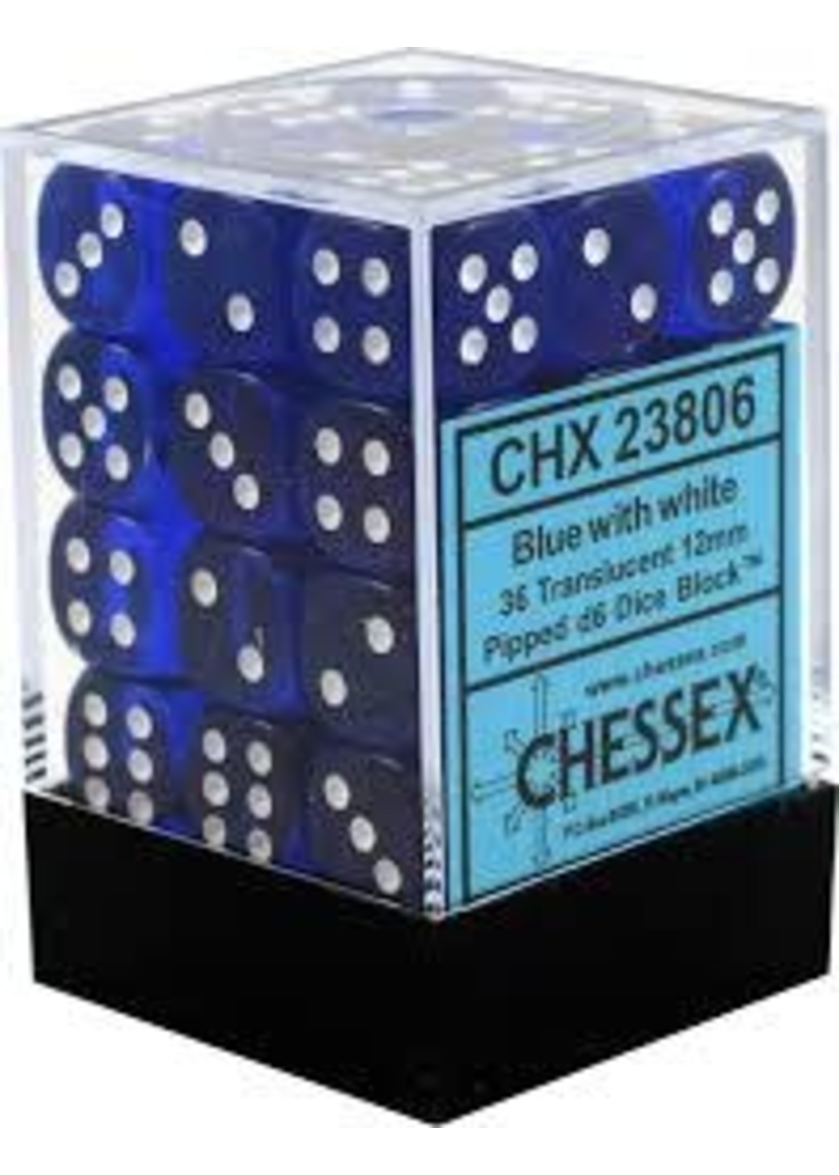 Chessex d6 Cube 12mm Translucent Blue w/ White (36)