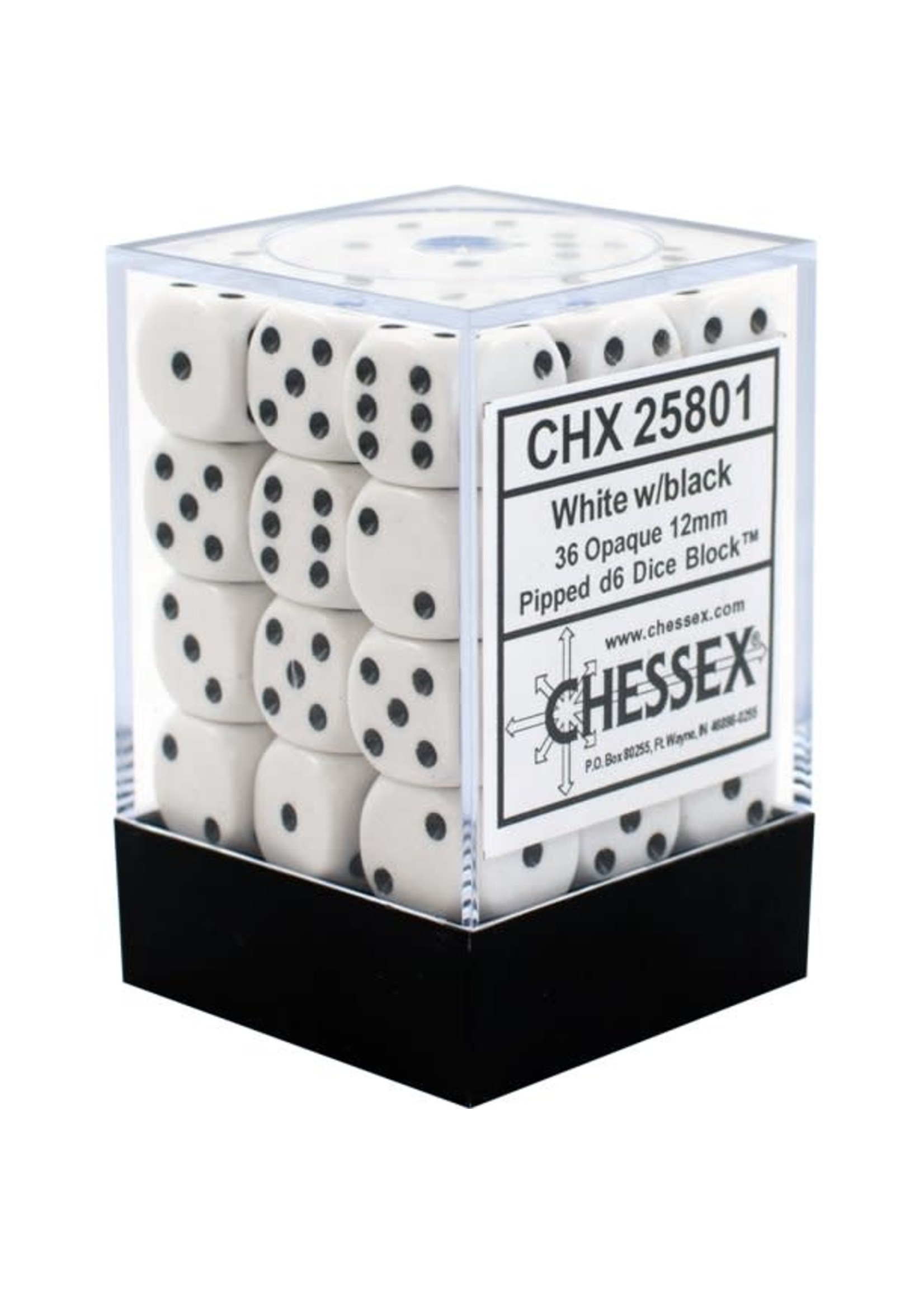 Chessex d6 Cube 12mm Opaque White w/ Black (36)