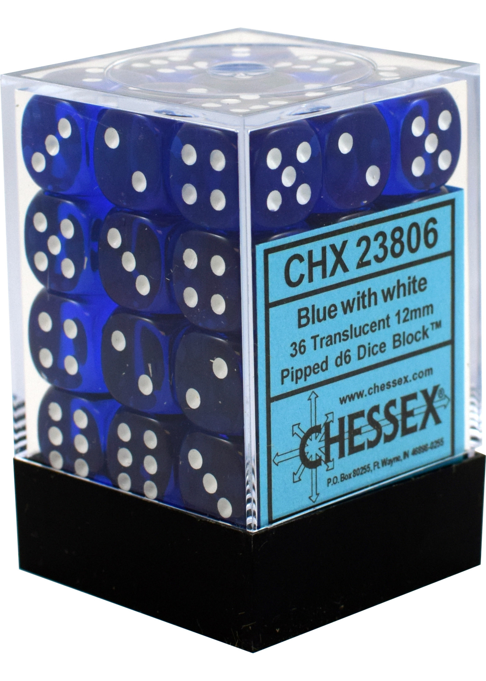 Chessex d6 Cube 12mm Translucent Blue w/ White (36)