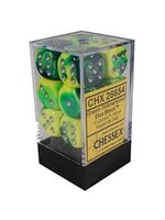 Chessex d6 Cube 16mm Gemini Green & Yellow w/ Silver (12)