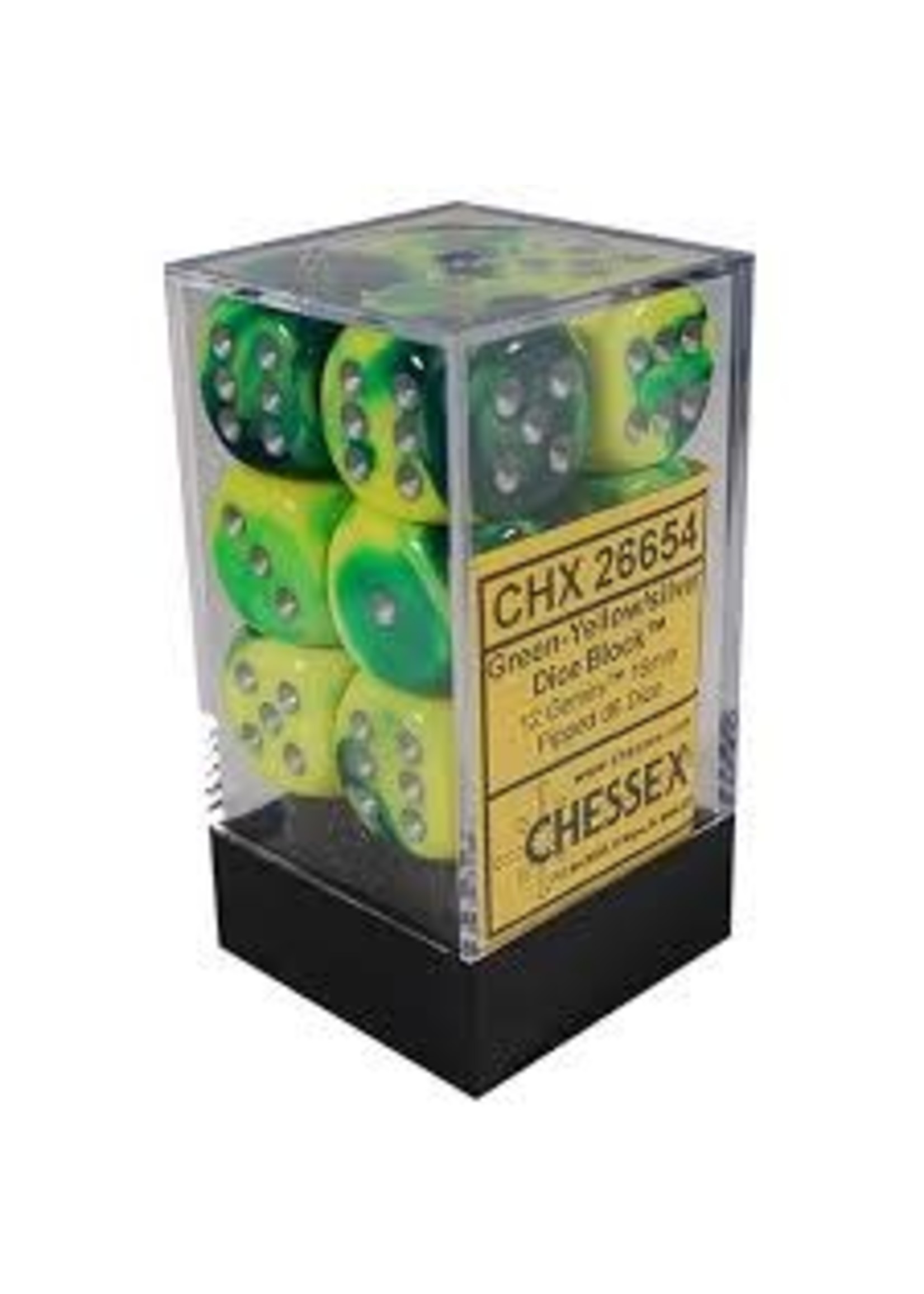 Chessex d6 Cube 16mm Gemini Green & Yellow w/ Silver (12)