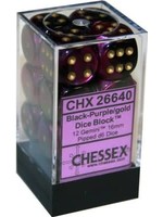 Chessex d6 Cube 16mm Gemini Black & Purple w/ Gold (12)