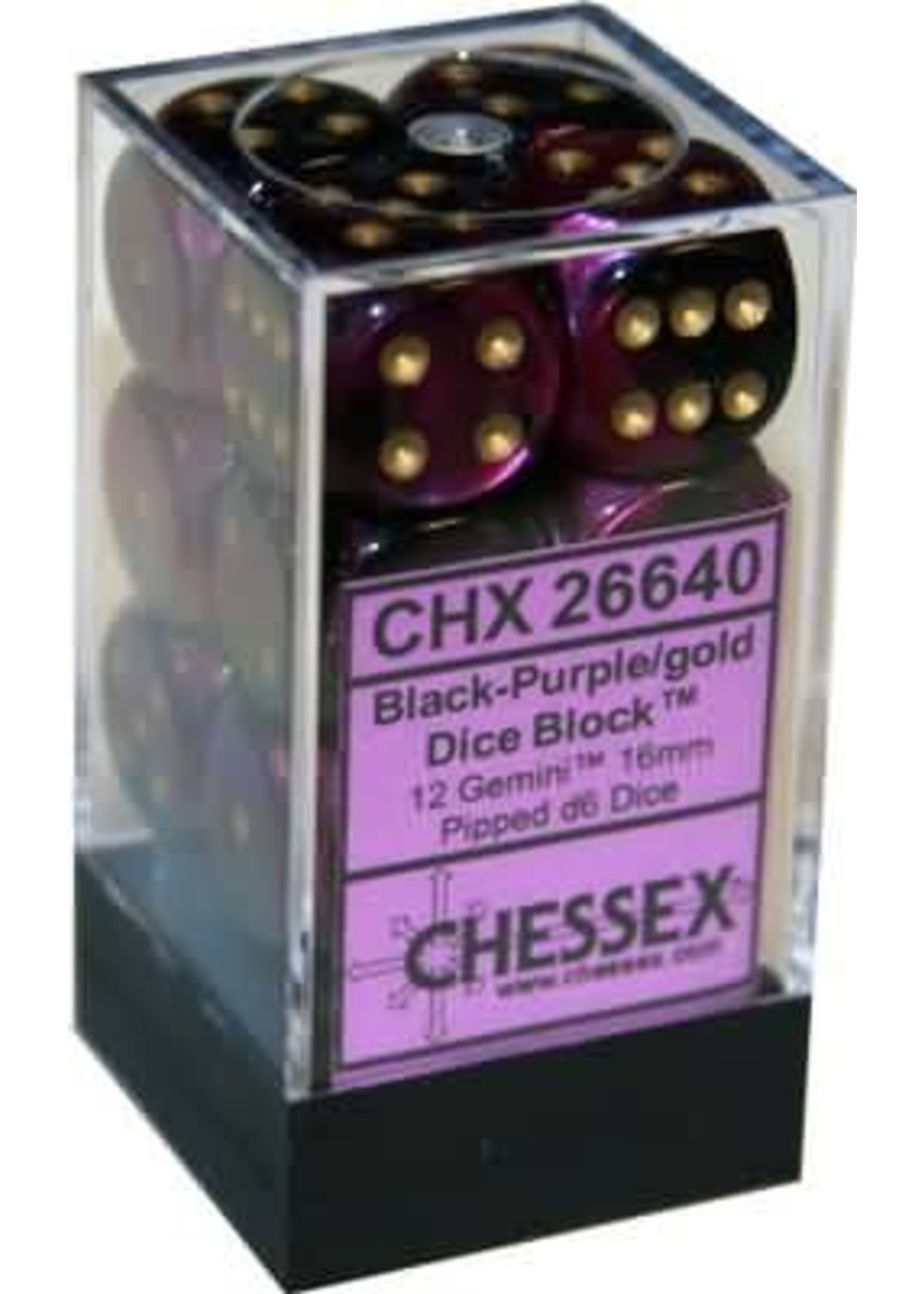Chessex d6 Cube 16mm Gemini Black & Purple w/ Gold (12)