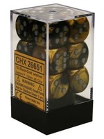 Chessex d6 Cube 16mm Gemini Black & Gold w/ Silver (12)