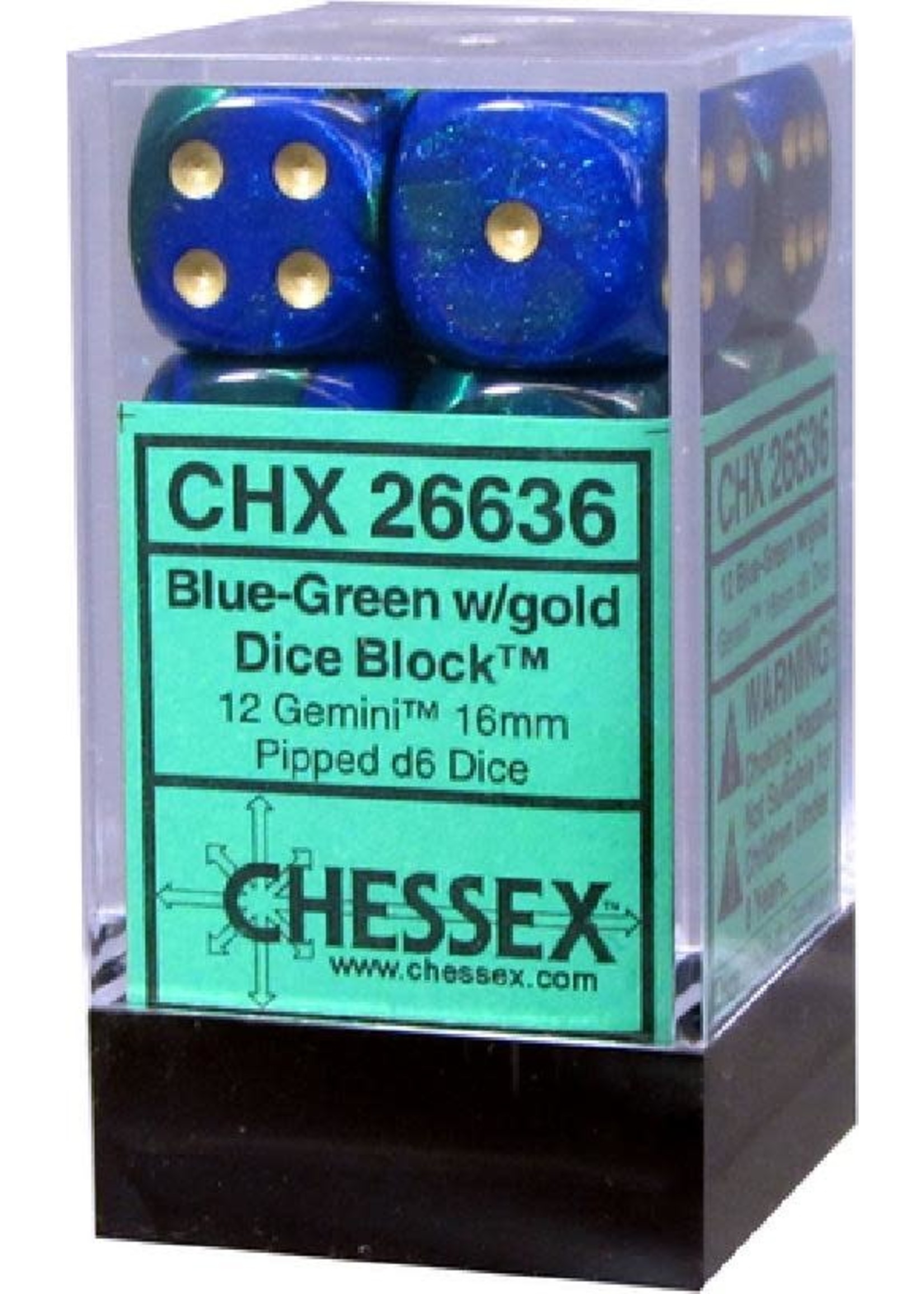 Chessex d6 Cube 16mm Gemini Blue & Green w/ Gold (12)