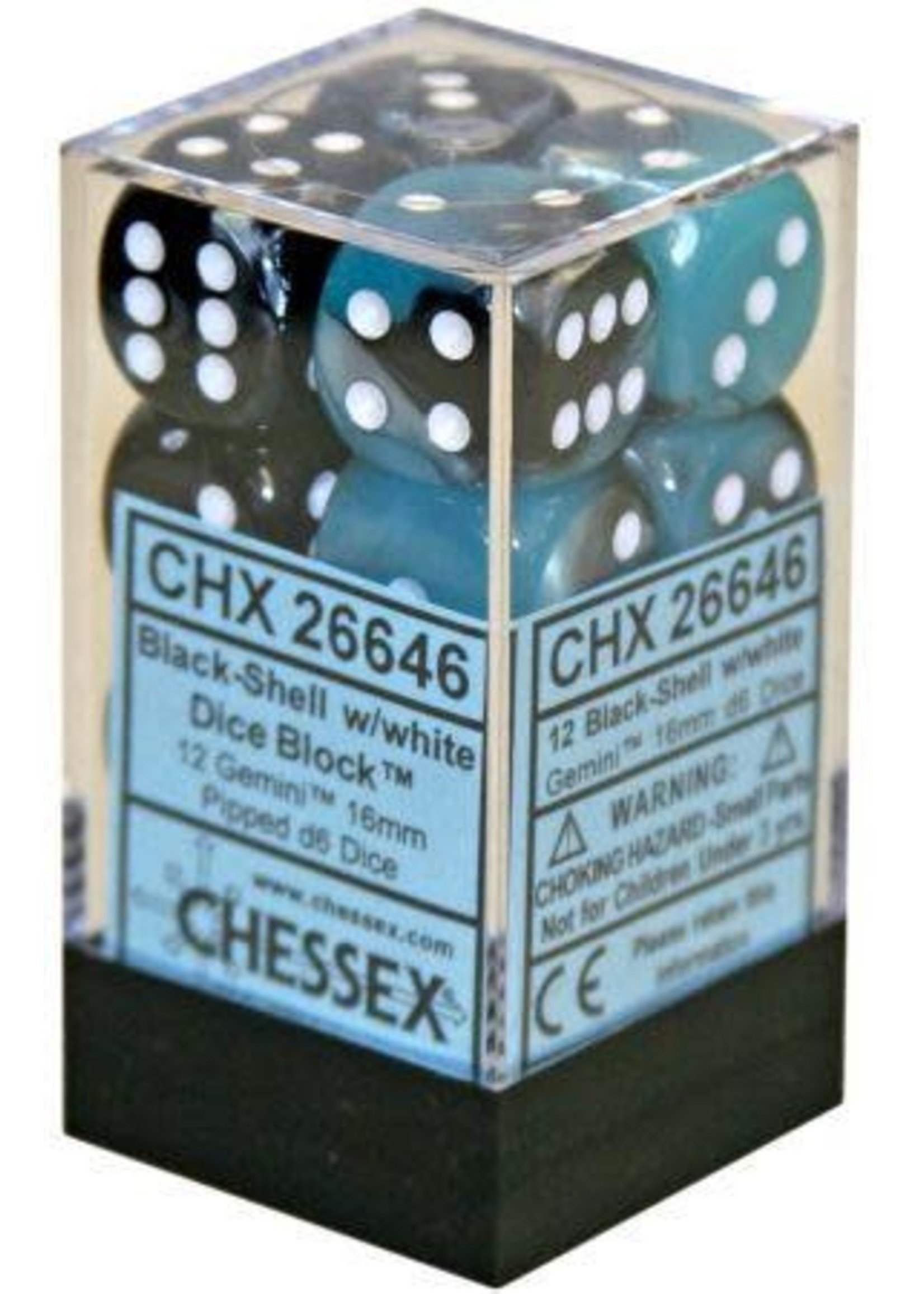 Chessex d6 Cube 16mm Gemini Black & Shell w/ White (12)