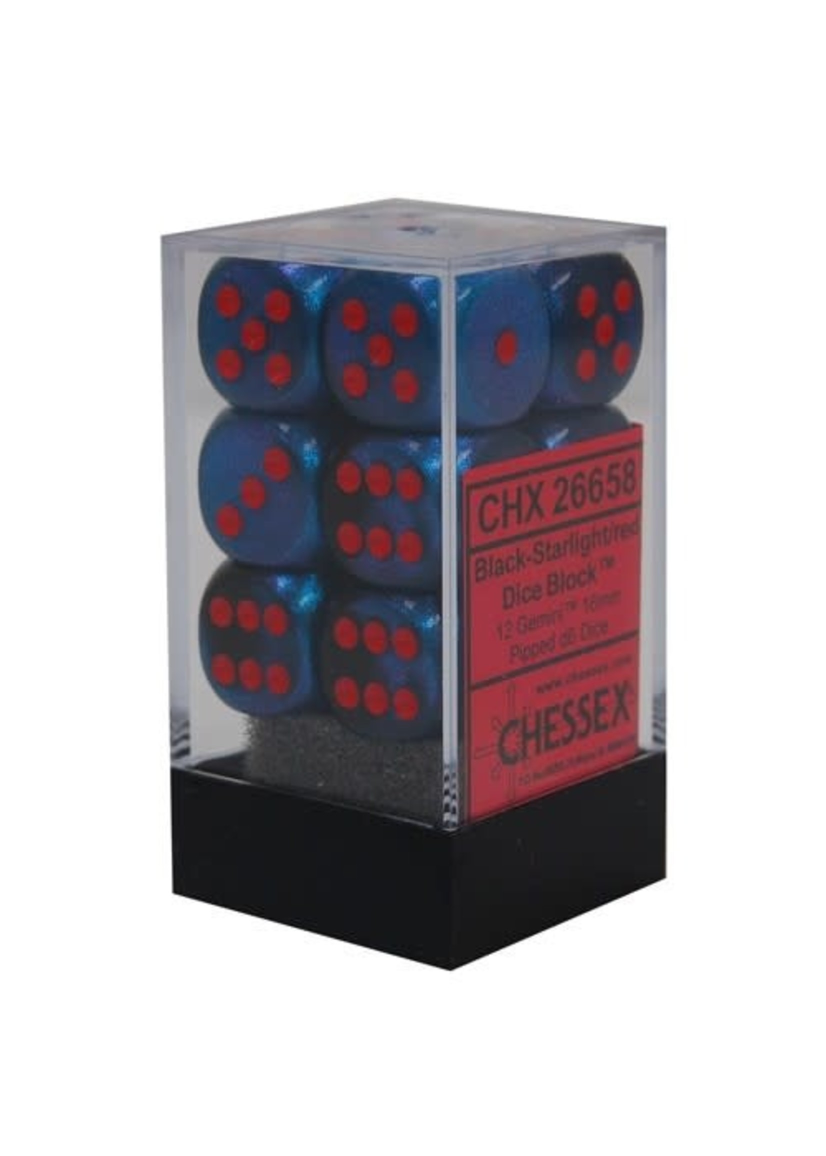 Chessex d6 Cube 16mm Gemini Black & Starlight  w/ Red (12)