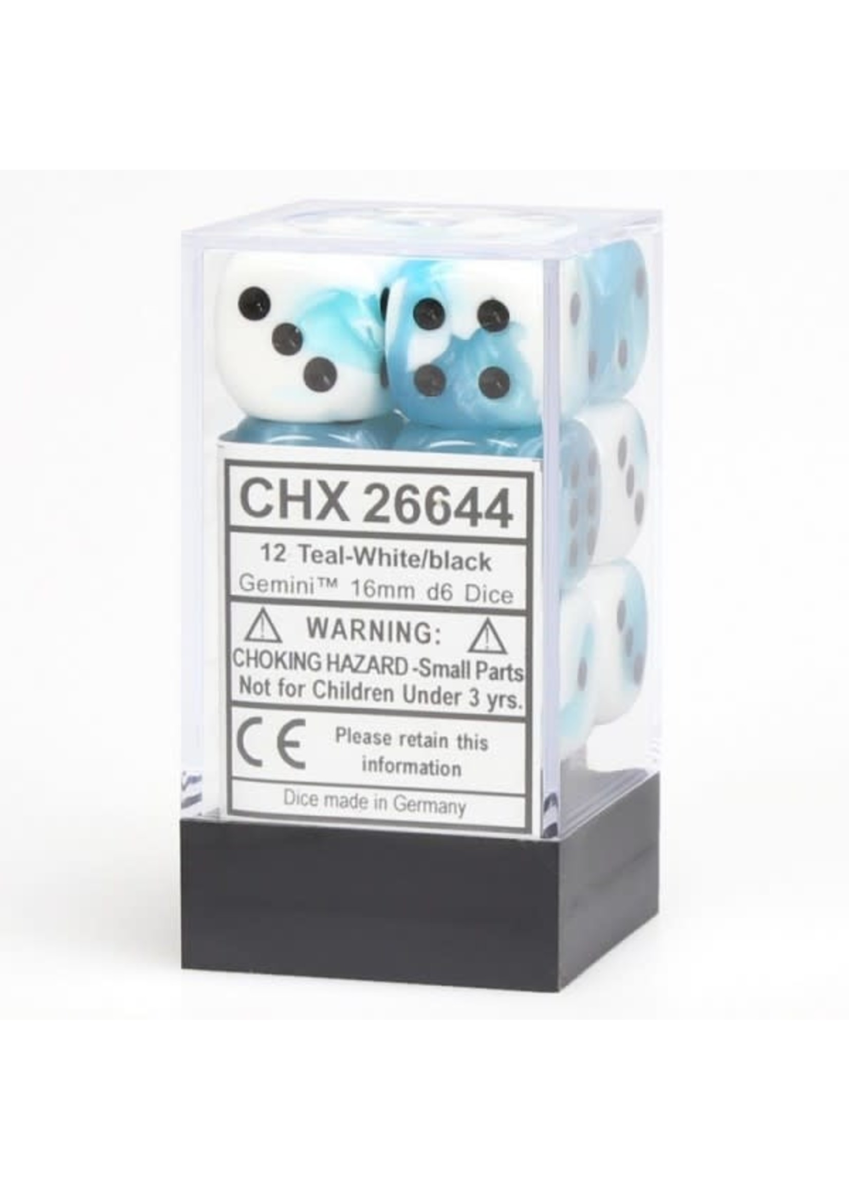Chessex d6 Cube 16mm Gemini White & Teal w/ Black (12)