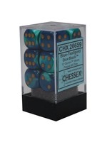 Chessex d6 Cube 16mm Gemini Blue & Teal w/ Gold (12)