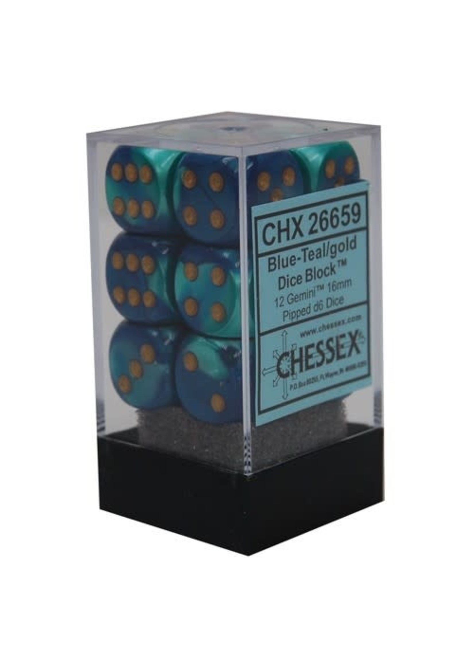Chessex d6 Cube 16mm Gemini Blue & Teal w/ Gold (12)