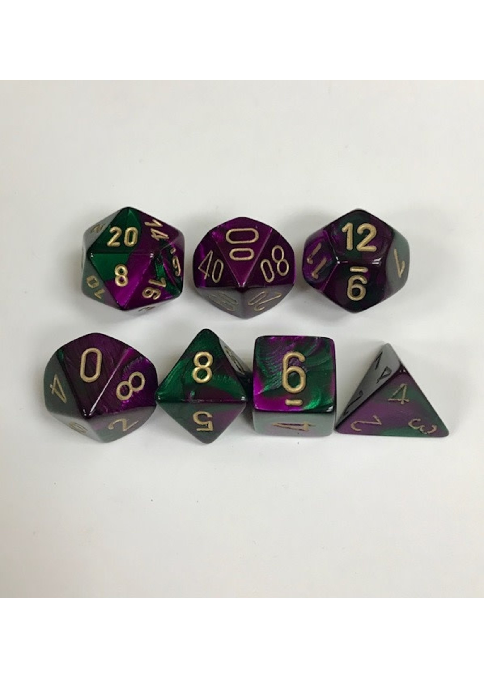 Chessex Gemini Poly 7 set: Green & Purple w/ Gold