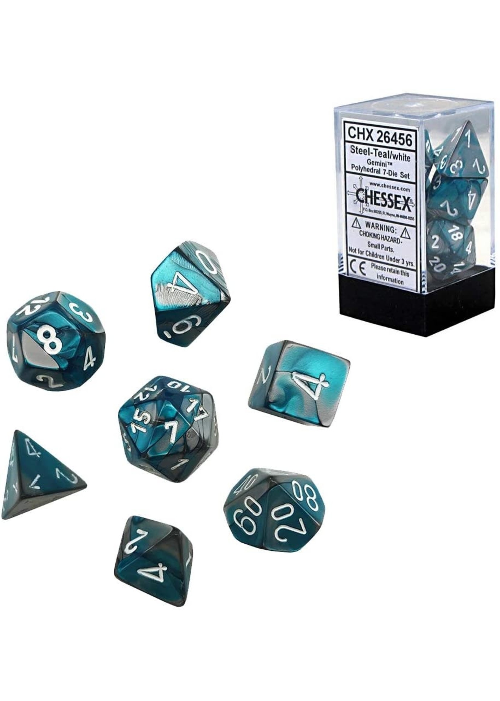 Chessex Gemini Poly 7 set:  Steel & Teal w/ White