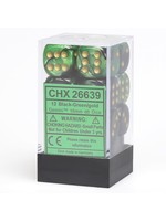 Chessex d6 Cube 16mm Gemini Black & Green w/ Gold (12)