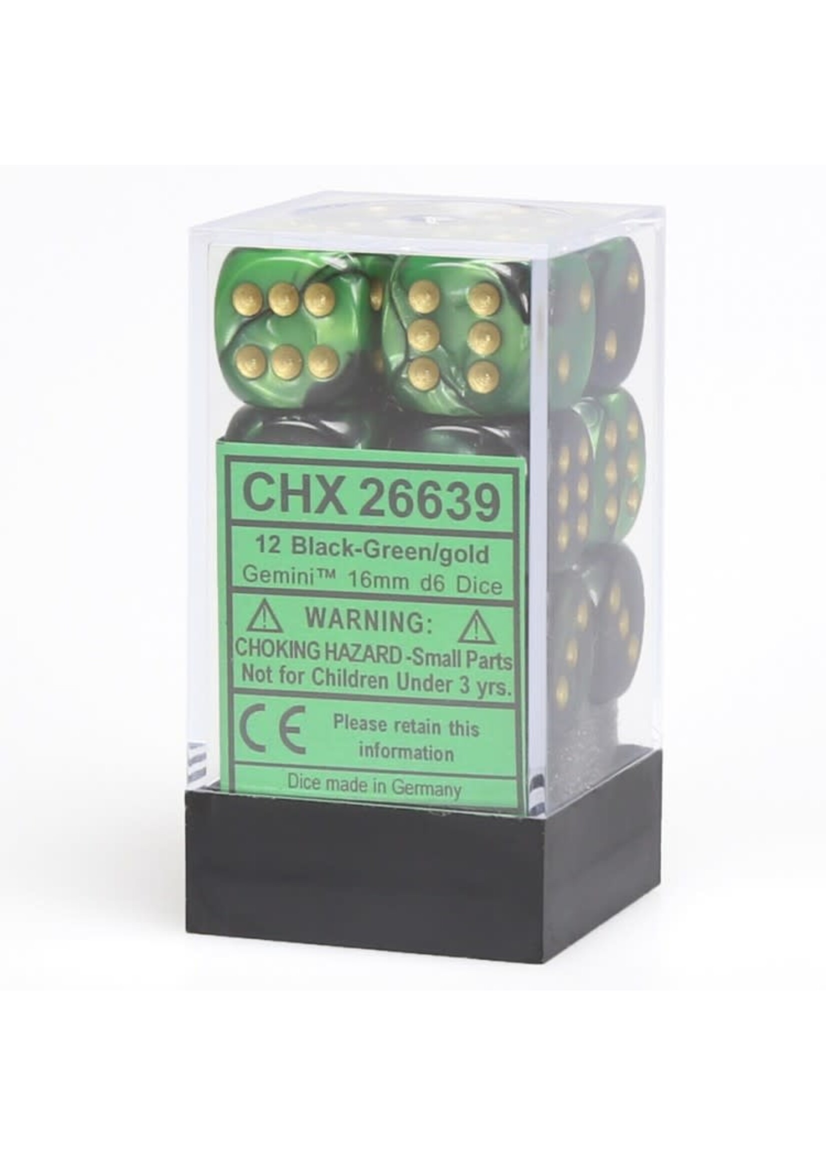 Chessex d6 Cube 16mm Gemini Black & Green w/ Gold (12)