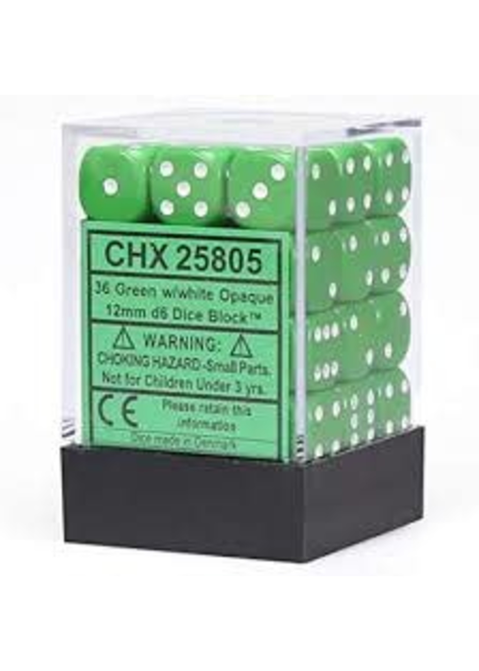 Chessex d6 Cube 12mm Opaque Green w/ White (36)
