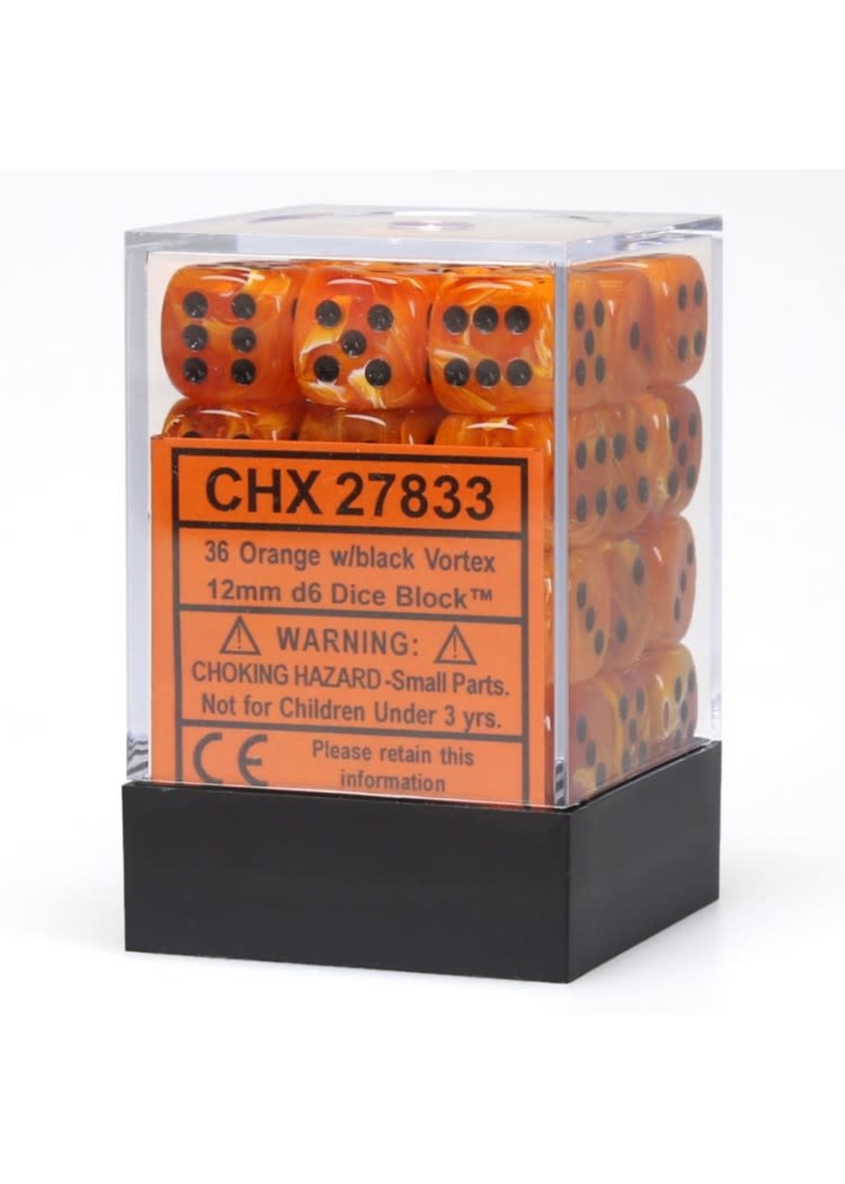 Chessex d6 Cube 12mm Vortex Orange w/ Black (36)