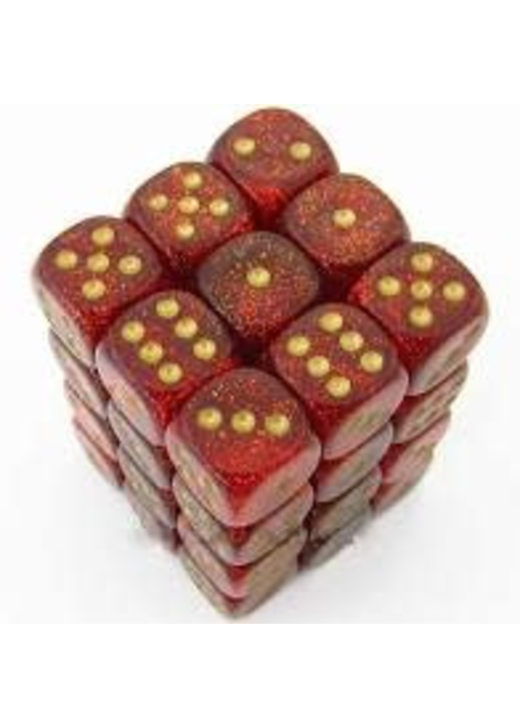 Chessex d6 Cube 12mm Glitter Ruby w/ Gold (36)