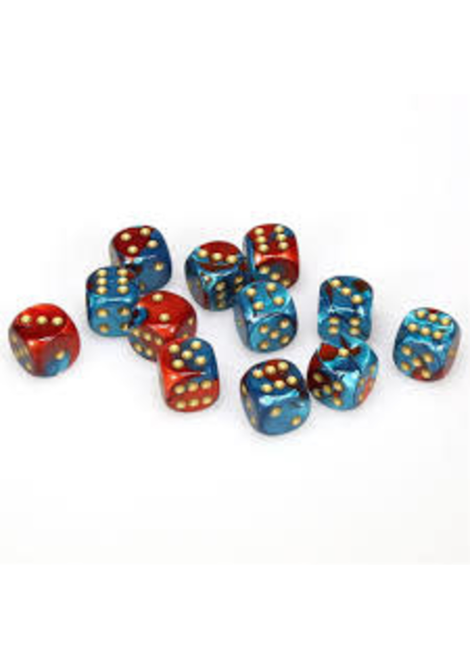 Chessex d6 Cube 16mm Gemini Red & Teal w/ Gold (12)