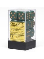 Chessex d6 Cube 16mm Opaque Dusty Green w/ Gold (12)