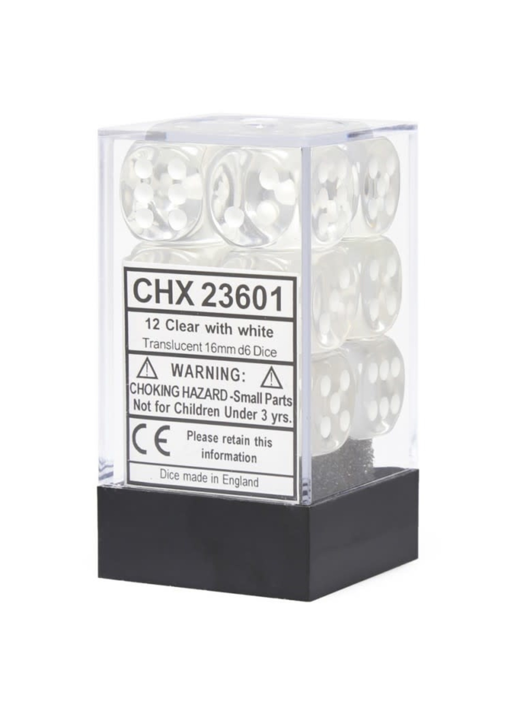 Chessex d6 Cube 16mm Translucent Clear w/ White (12)