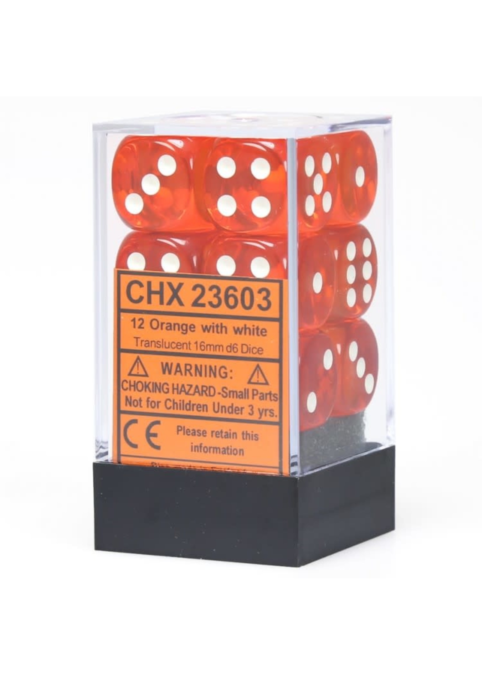 Chessex d6 Cube 16mm Translucent Orange w/ White (12)