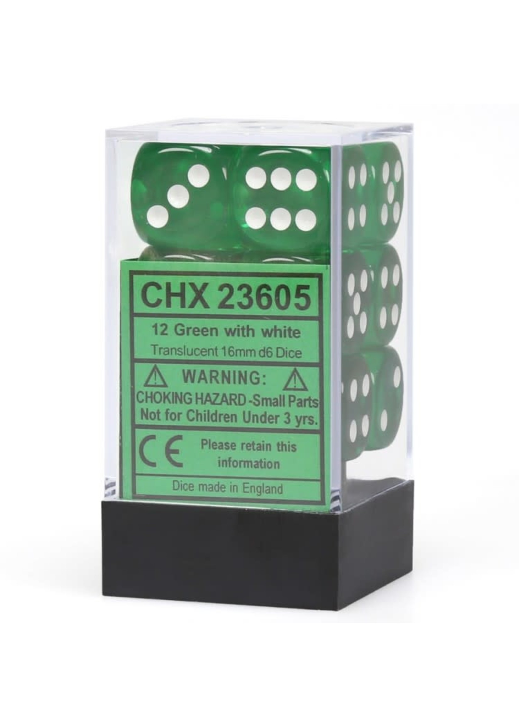 Chessex d6 Cube 16mm Translucent Green w/ White (12)