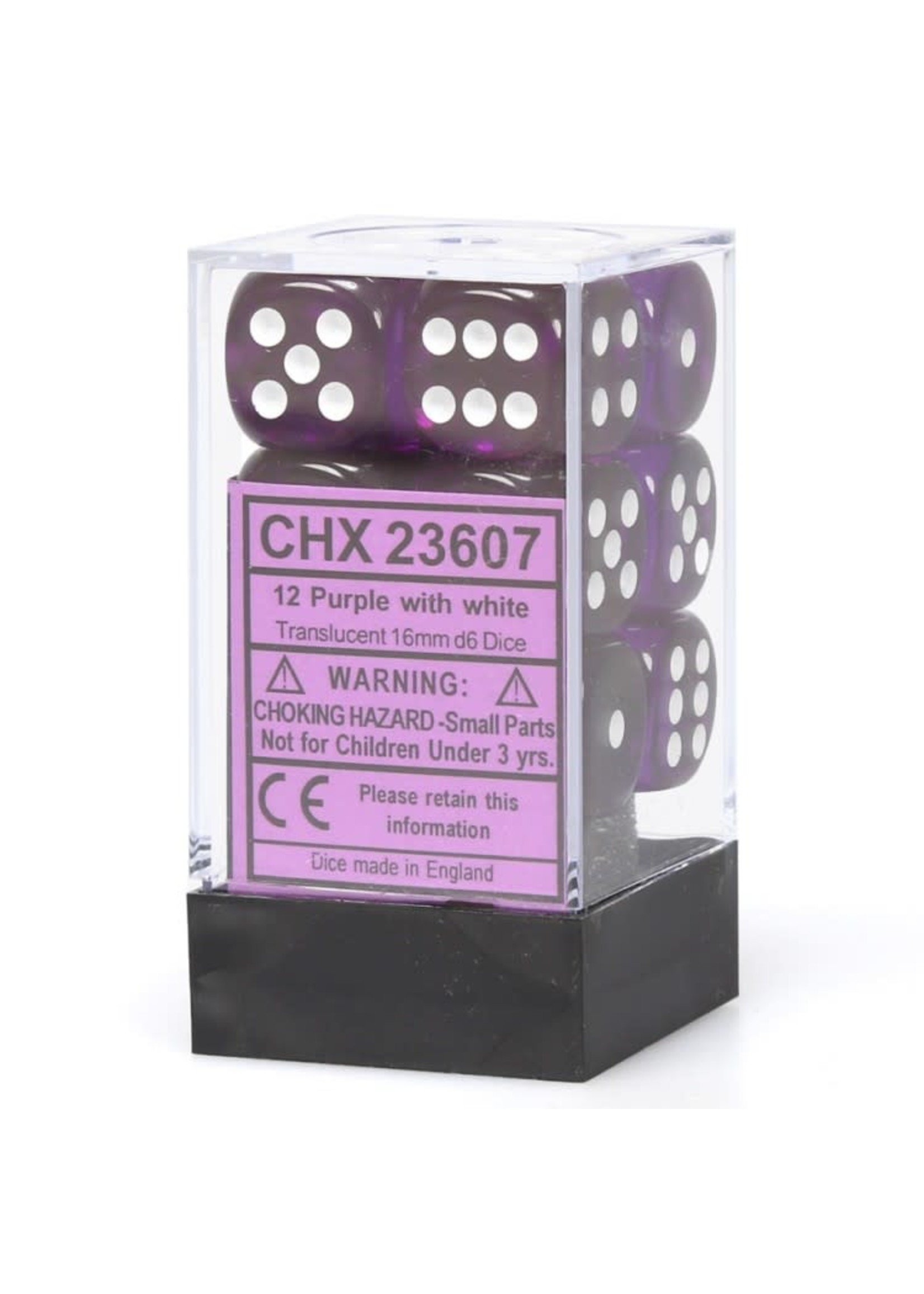 Chessex d6 Cube 16mm Translucent Purple w/ White (12)