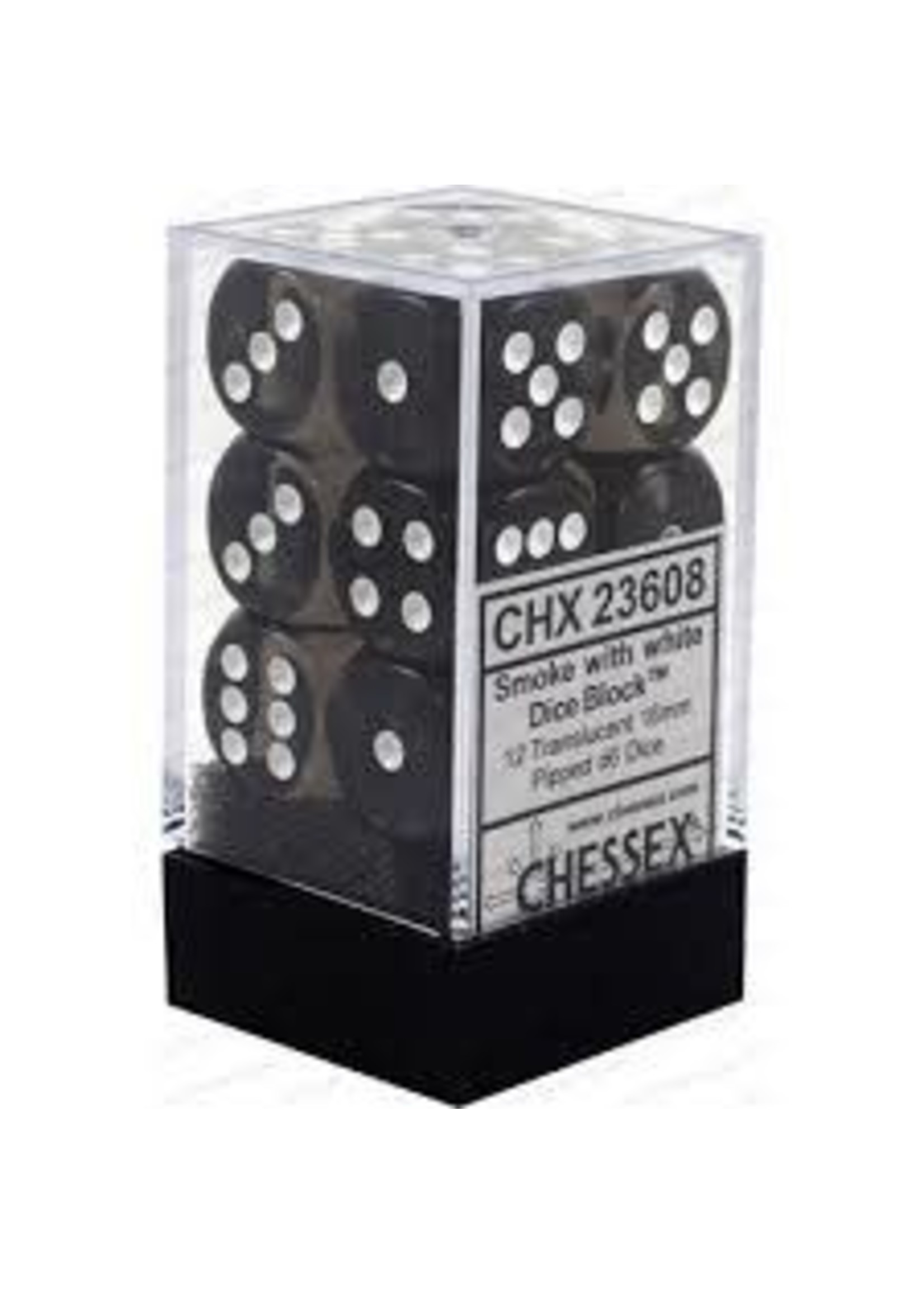 Chessex d6 Cube 16mm Translucent Smoke w/ White (12)