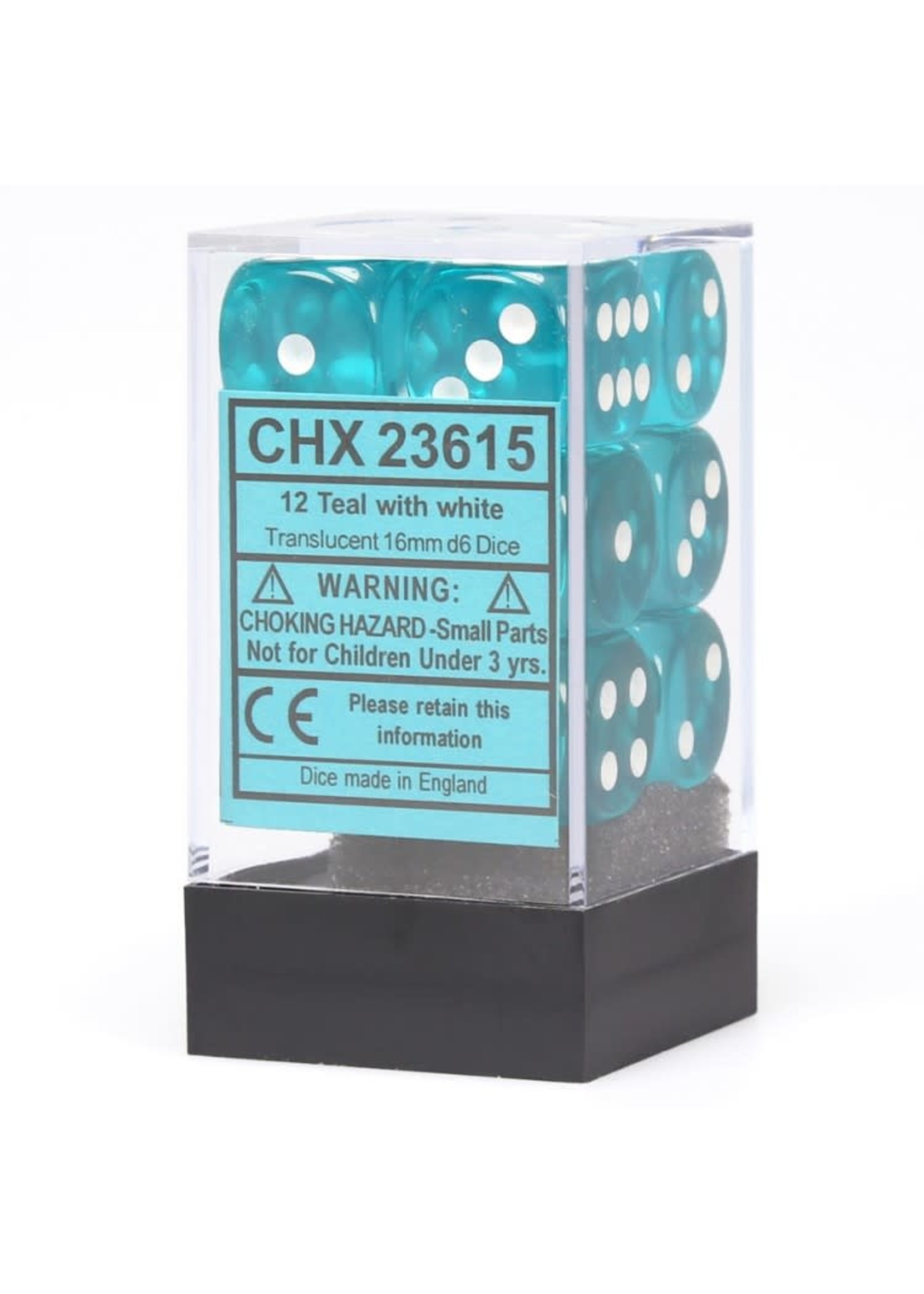 Chessex d6 Cube 16mm Translucent Teal w/ White (12)