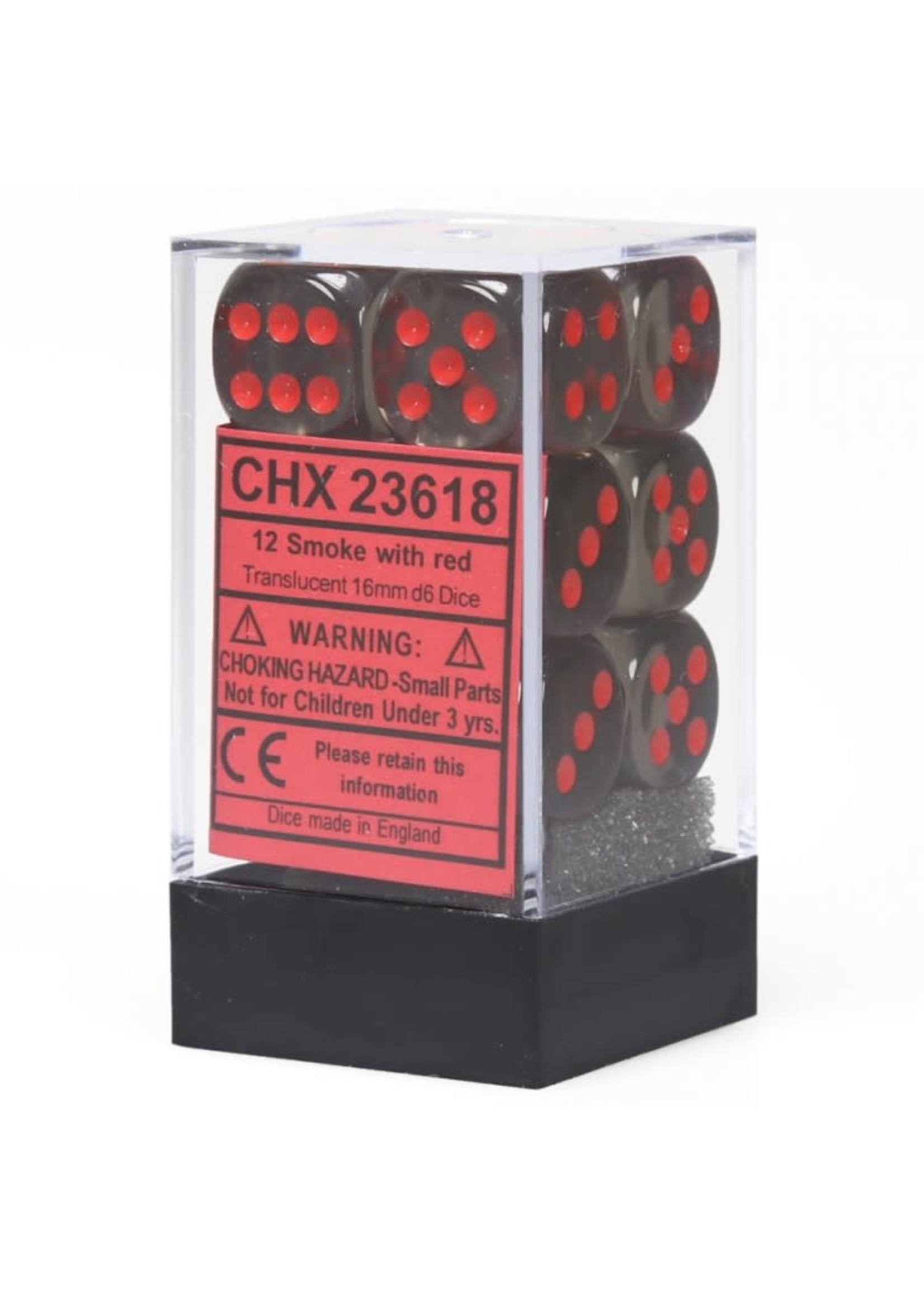 Chessex d6 Cube 16mm Translucent Smoke w/ Red (12)