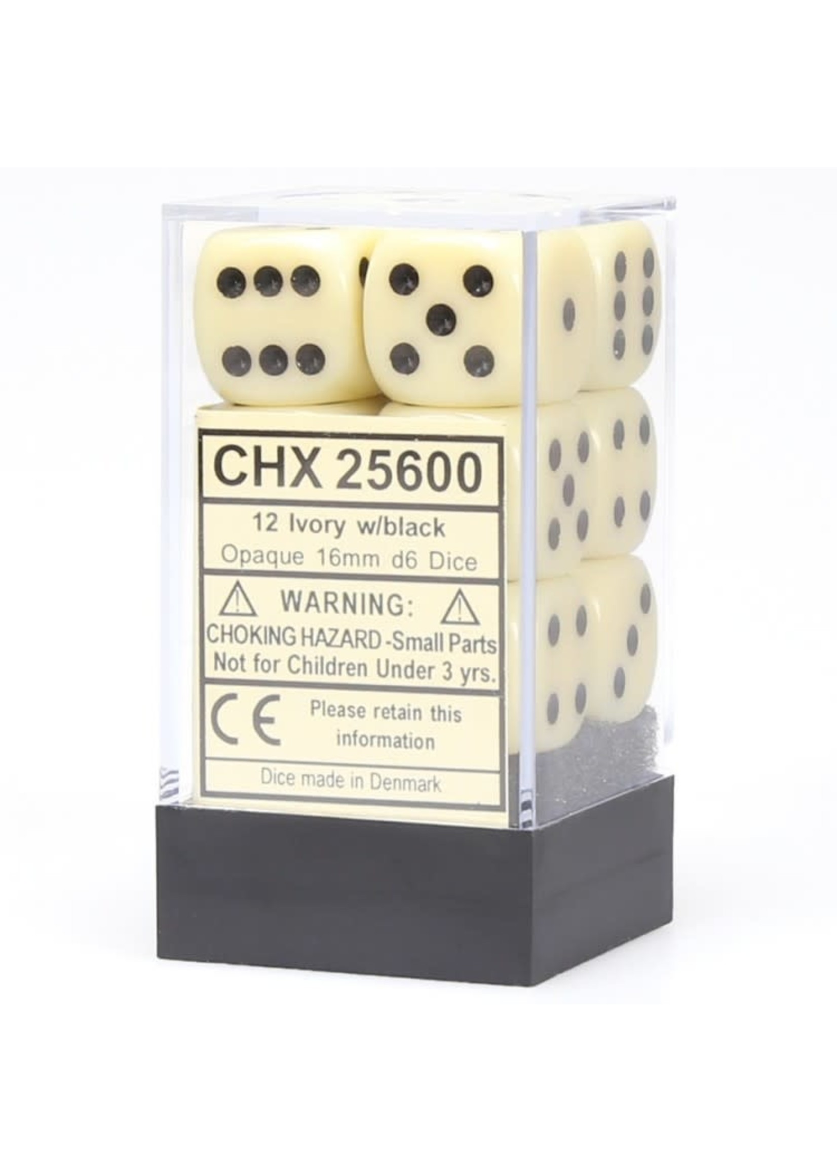 Chessex d6 Cube 16mm Opaque Ivory w/ Black (12)