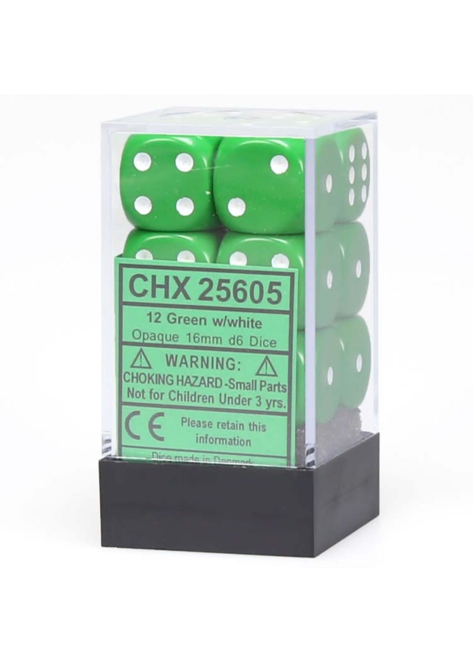 Chessex d6 Cube 16mm Opaque Green w/ White (12)