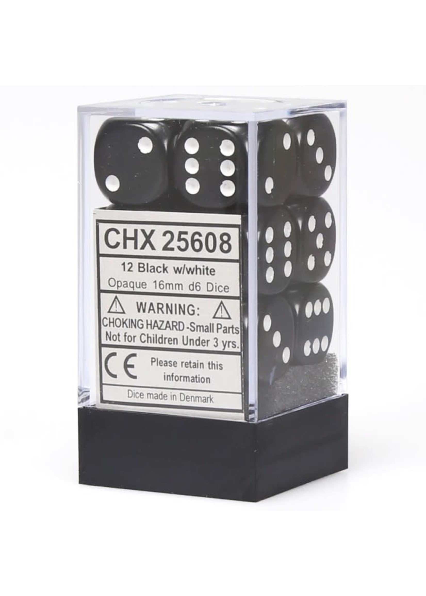 Chessex d6 Cube 16mm Opaque Black w/ White (12)