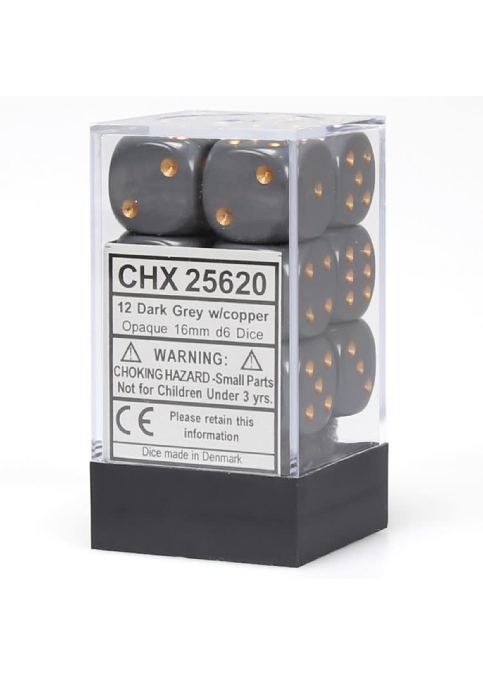 Chessex d6 Cube 16mm Opaque Dark Grey w/ Copper (12)