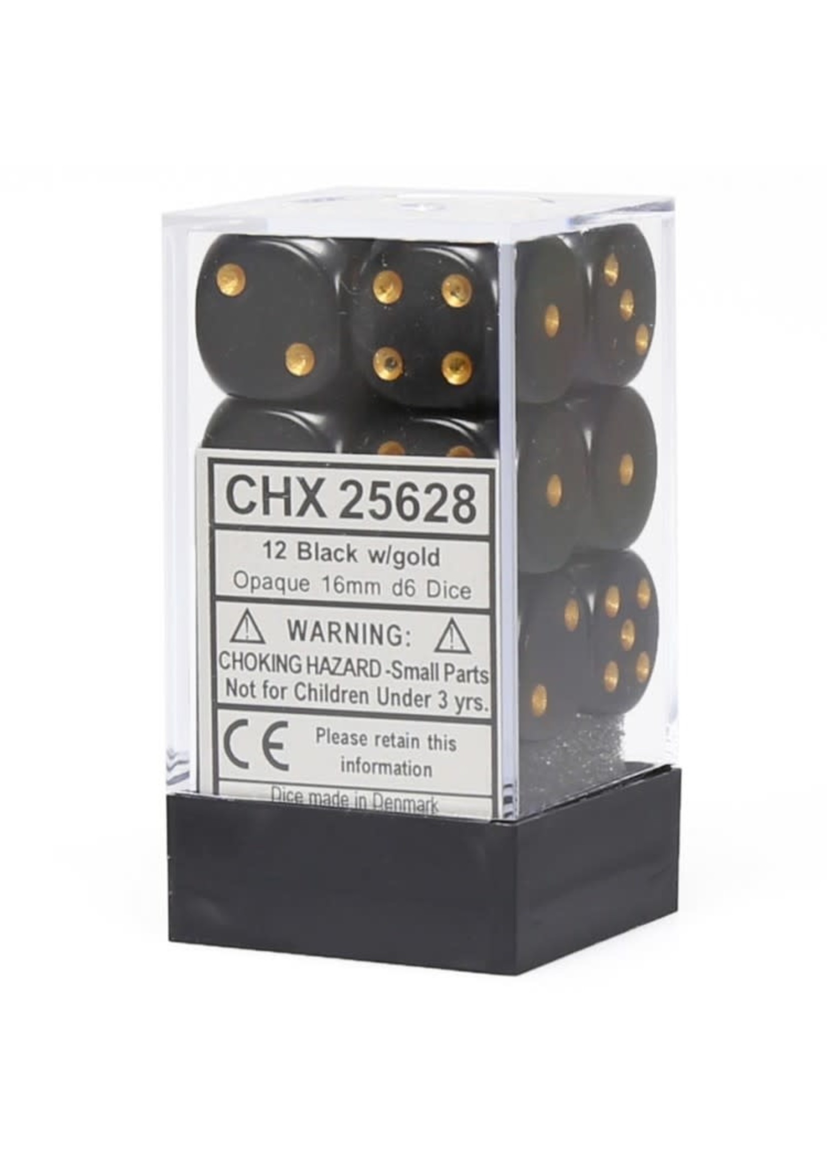 Chessex d6 Cube 16mm Opaque Black w/ Gold (12)