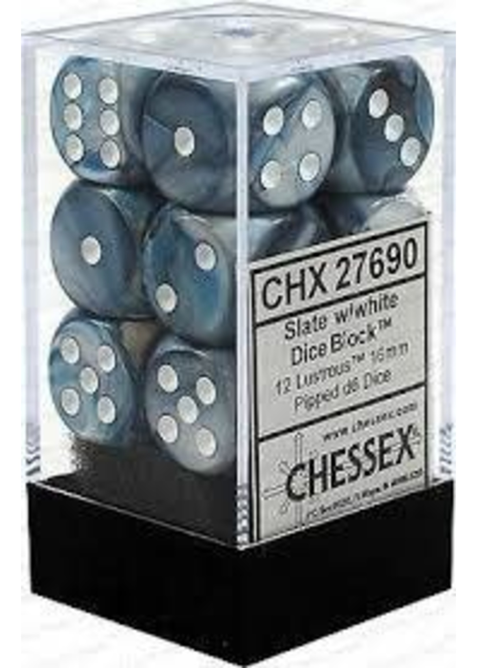 Chessex d6 Cube 16mm Lustrous Slate w/ White (12)